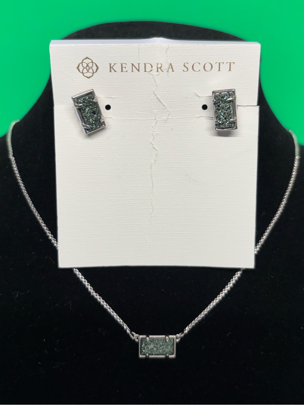 Kendra Scott Silver Rectangular Green Drusy Stud Earrings And Necklace